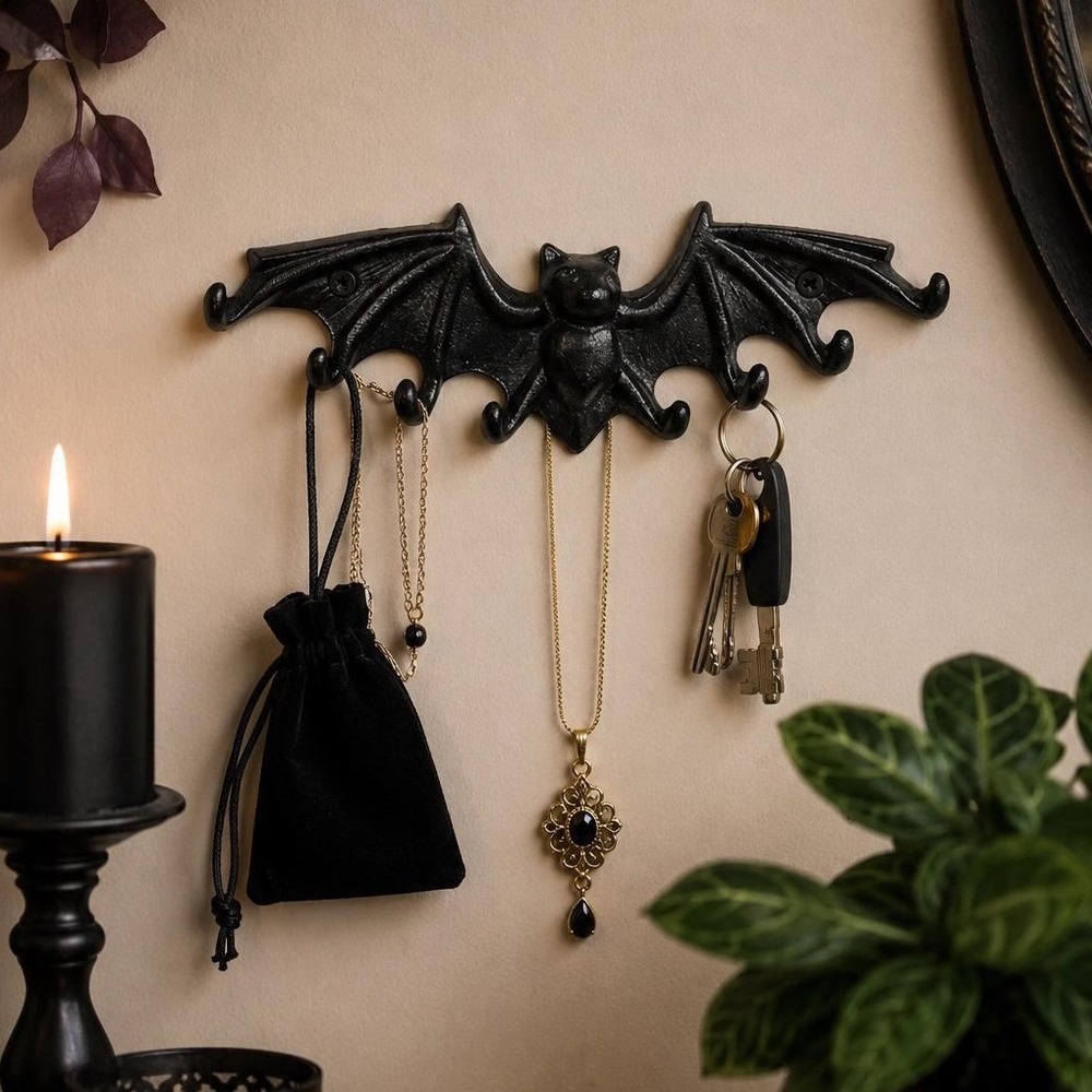 Cast Iron Bat Key Rack 9.25" Gothic Wall Hooks Halloween Dark Academia Decor